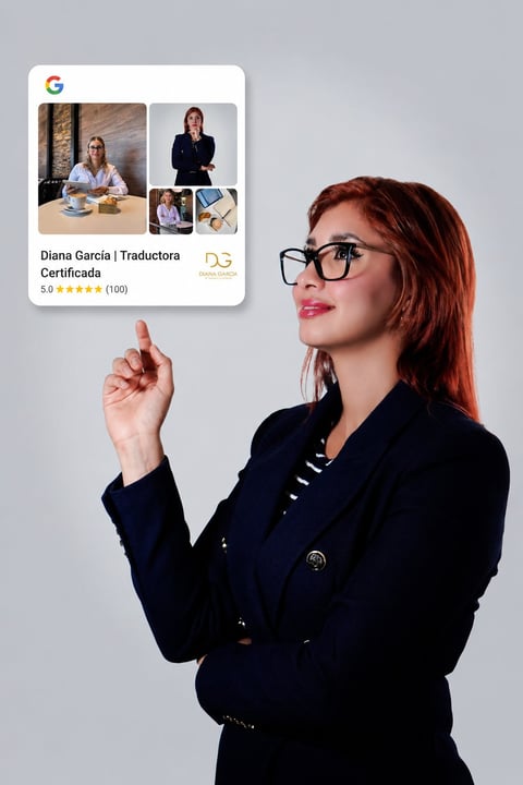 Woman with red hair wearing glasses and dark blazer pointing at online translator profile card showing Diana Garcia